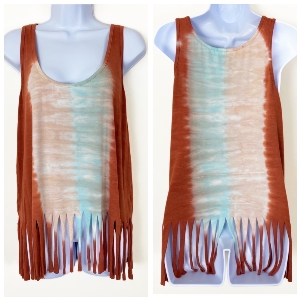 BLUE BUTTERCUP Tie Dye Fringe Hem Tank Top Scoop Neck Bohemian Western Medium